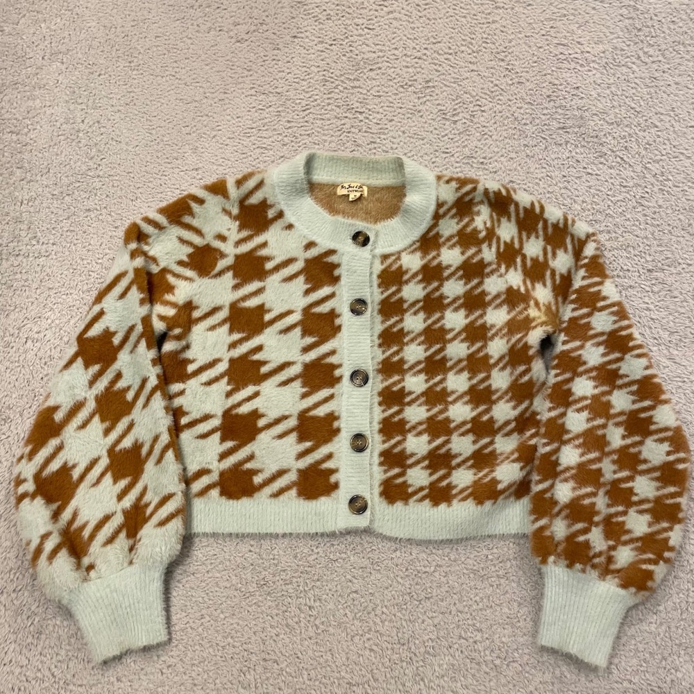 For Love & Lemons Cher Houndstooth Cardigan Womens Medium Blue Brown Knit Crop
